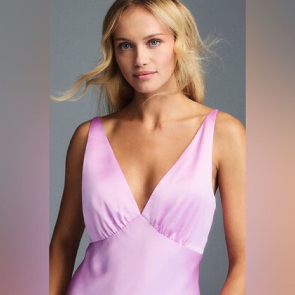 Anthropology BHLDN Hazel v-neck stretch satin midi dress in color mauve (pink)